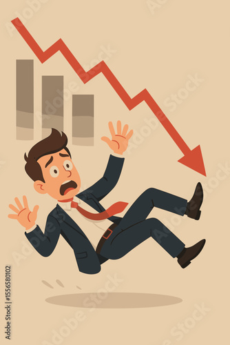 Businessman falling down with a red arrow graph. Financial crisis and market crash concept. Economic recession, bankruptcy, and business failure symbol. Vector cartoon illustration.