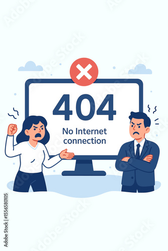 Error 404 page not found concept. Angry business people frustrated by no internet connection. Website unavailable or disconnected. Man and woman at computer. Flat vector cartoon illustration.
