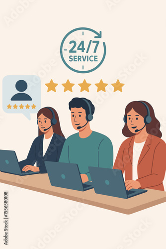 Customer service team with headsets working in a call center. Hotline operators providing 24/7 online support. Concept of client feedback, five star review and satisfaction.