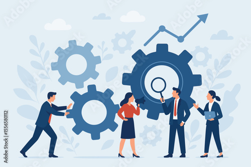 Teamwork concept of business process management. People working with gear mechanism for workflow optimization. Metaphor for corporate strategy, collaboration, analysis and growth.