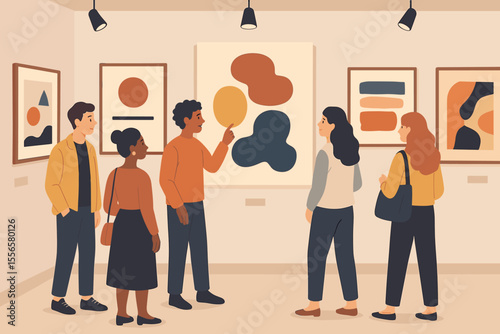 People visiting a modern art gallery exhibition. Diverse group of friends or tourists admiring abstract paintings in a museum. Cultural hobby and leisure activity. Flat vector illustration.