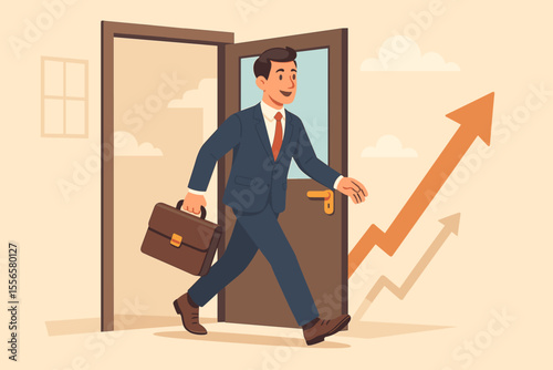 Businessman with briefcase walking through an open door, following a rising arrow graph. Concept of career growth, personal development, new opportunities, and business success.