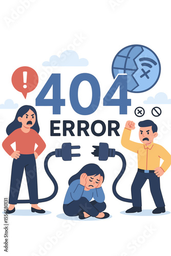 404 error page not found vector concept. Angry and sad people frustrated by internet disconnection. Website unavailable message, lost connection symbol with broken plug. Flat illustration.