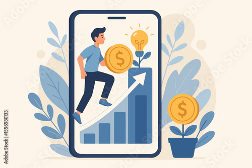Investment management vector concept. Man climbs growth chart on phone with a dollar coin. Mobile banking app for financial success, profit growth, investing in ideas, and saving.