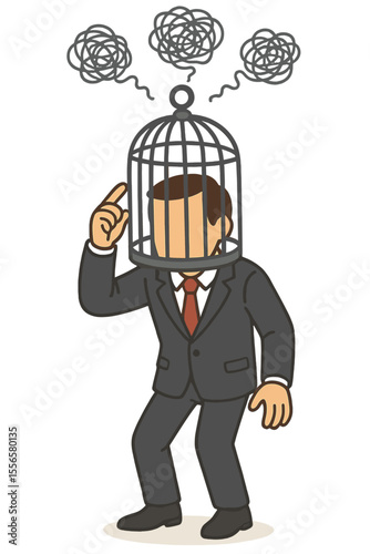 Trapped mind metaphor. Businessman with a cage on his head as a mental prison. Concept of stress, anxiety, depression, mental block, disordered thoughts, and limited creativity. Vector.