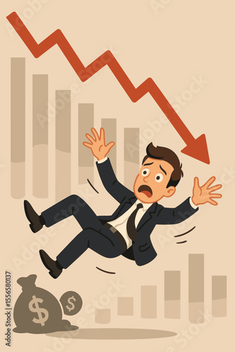 Scared businessman falling with a declining chart. Metaphor for financial crisis, economic recession, and stock market crash. Concept of business failure, bankruptcy, and investment loss.