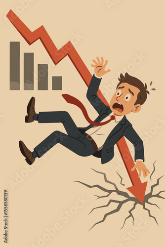 Businessman falling with a red arrow graph symbolizing financial crisis and economic recession. Concept of market crash, investment failure, bankruptcy, and business downturn.