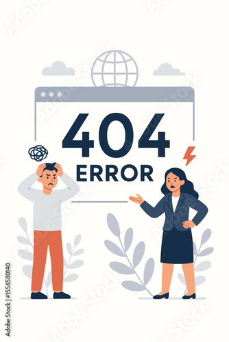 Business concept vector illustration of 404 error page, internet disconnection, website unavailable, frustrated people, digital disruption, network failure, modern flat cartoon design