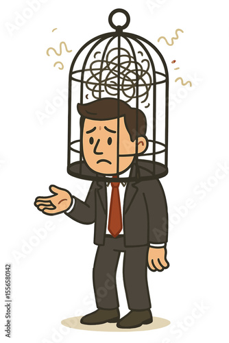 Businessman character with head trapped in a birdcage. Metaphor for mental block, confused thoughts, stress, anxiety, depression, and burnout. Psychology concept of a prisoner mind.