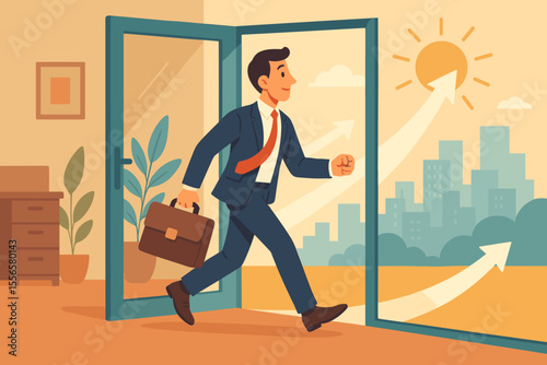 Businessman with briefcase exits office door, symbolizing career growth and personal development. Metaphor for new opportunity, ambition, success, and progress. Vector cartoon.