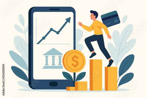 Investment management and mobile banking concept. Man running up bar chart to financial success. Smartphone app with analytics graph, coin plant, and bank icon. Flat vector.