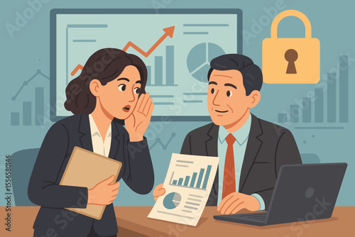Businesswoman and investor discussing confidential company performance. Corporate meeting about market trends, data analysis and growth strategy with data protection security symbol.