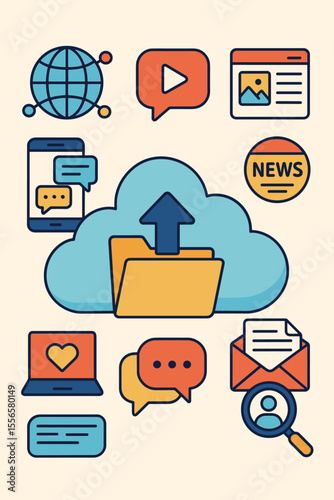 Cloud Storage Communication Icons Set. Internet File Upload, Social Media, Chat, Video, News, Messaging, Website, Email, Mobile, Search, Networking, Online Media, Digital Technology Concept