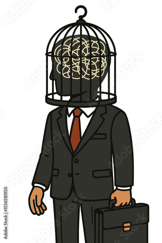 Businessman with a cage on his head, a powerful metaphor for a trapped mind. Conceptual art for mental block, limited creativity, censorship, stress, burnout and fixed mindset.