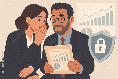 Businesswoman whispering secret to investor, sharing confidential information. Corporate data protection, security, insider trading concept. Discussing financial report and chart.