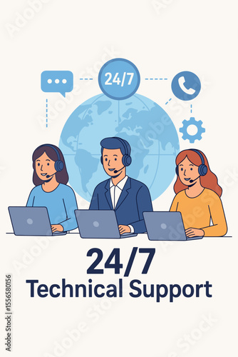Customer service concept with call center agents. Hotline operators wearing headsets consult clients on computers. 24/7 global online technical support, help desk and client assistance.