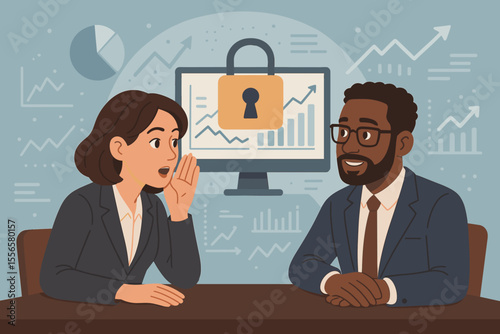 Businesswoman whispering secret to investor. Corporate data protection concept with padlock on chart. Sharing confidential information, company performance and market trends. Cartoon.