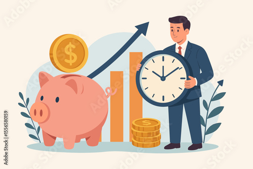Time is money concept. Man putting coin in a piggy bank. Financial savings and investment for future income growth. Business management, planning, wealth accumulation and profit.