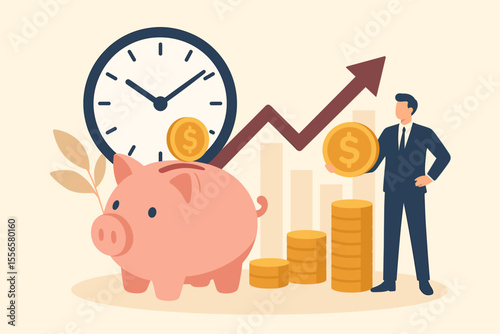 Time is money concept with businessman saving coins in a piggy bank. Financial investment growth and business management strategy for future income, profit, and capital wealth.