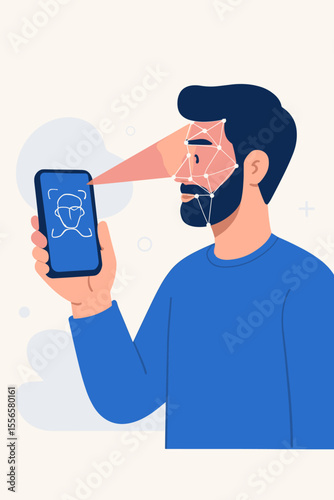 Face recognition technology concept. Man holding smartphone for facial ID verification. Biometric authentication security system with a laser scan grid. Modern personal identification.