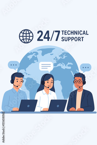 Customer service team concept. Call center agents with headsets consulting clients online. Hotline operators providing 24/7 global technical support. Helpdesk assistance vector.