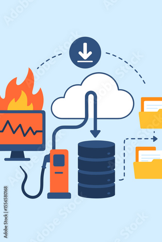 Disaster recovery concept. Data backup and cloud storage solution. Pumping data from a burning computer after a system failure to a secure server for protection and restoration.