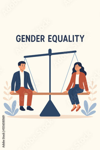 Gender equality concept, equal treatment of men and women in society and business, balance scale, fair opportunities, workplace diversity, equal rights, gender parity, inclusion, justice illustration