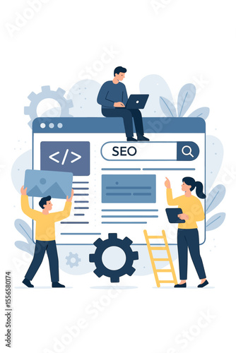 Web development and SEO teamwork concept. A team of developers and designers builds a website and optimizes it for search engines. Digital marketing strategy. Flat cartoon illustration.