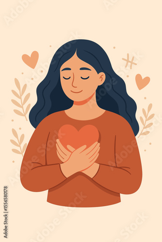 Self Love and Self Respect Concept. Woman Holding Heart Symbolizing Positive Emotions, Inner Harmony, Kindness, Self Care, Empathy, Mental Health, Support, Volunteer, Compassion, Wellness