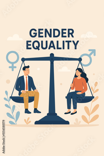 Gender Equality and Equal Opportunities Concept. Balanced Scales with Man and Woman, Fair Treatment, Social Justice, Workplace Diversity, Inclusion, Gender Rights, Equal Society Illustration