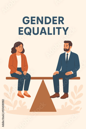 Gender equality, equal treatment and opportunities for men and women in business and society, balanced seesaw concept, fairness, workplace diversity, gender parity, equal rights illustration