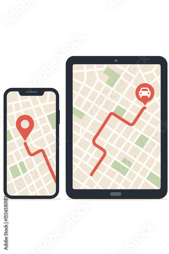 GPS navigation app for car travel on smartphone and tablet. City map with route, location pin, and destination point. Ride hailing or car sharing service technology vector concept.