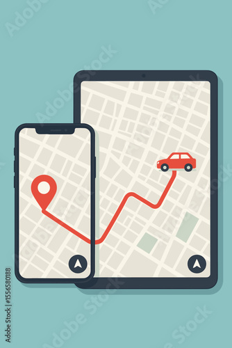 GPS navigation app on tablet and smartphone screen. City map showing a paved route from a location pin to a car destination. Mobile tracking and cartography display vector concept.