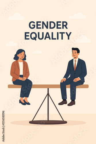 Gender equality concept. Equal treatment of men and women in business and society. Balance, fairness, equal opportunities. Male and female on seesaw. Workplace diversity. Social justice illustration.