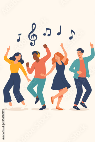 Diverse group of young adults dancing together enjoying music notes, party celebration, disco club, dance school, friends having fun, modern flat vector illustration, joyful social gathering