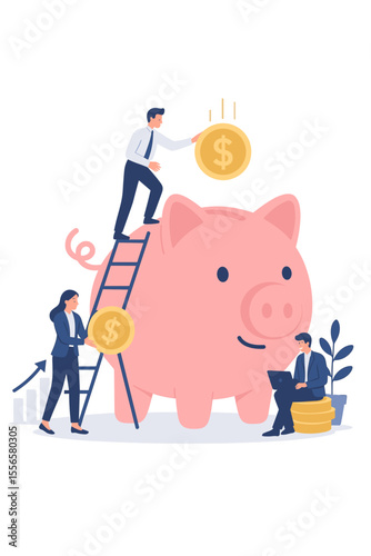 Saving money concept. Investment and financial planning. Business team putting dollar coins in a piggy bank. Wealth accumulation, retirement fund, banking service metaphor.