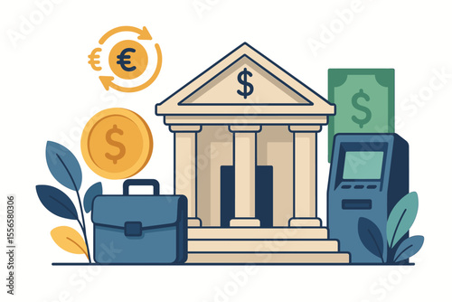 Bank building vector flat illustration. Financial services concept. Banking, economy, investment, currency exchange, ATM withdrawal, credit card payment. Business and finance design.