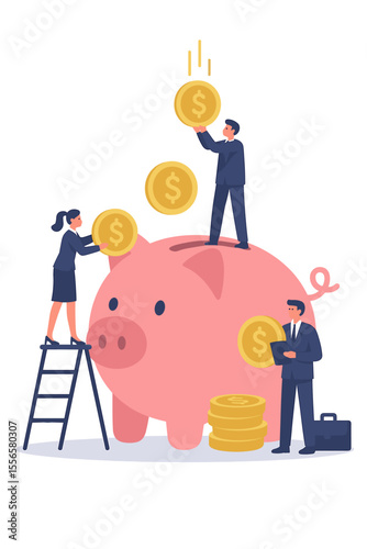 Business team saving money in a large piggy bank. Financial services concept with people putting gold coins in a money box. Investment, banking, and retirement savings plan metaphor.