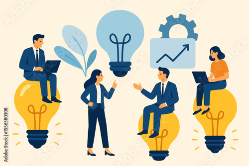 Business brainstorming concept. Teamwork and collaboration metaphor with people sitting on light bulbs. Creative meeting for new ideas, strategy, innovation and solution search.