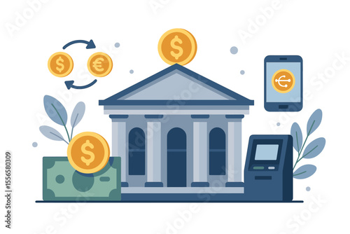 Banking and finance flat vector concept. Bank building with ATM, smartphone for mobile banking, dollar and euro currency exchange. Financial services, online payment, money transfer.