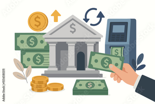 Banking and finance concept with bank building and ATM. Currency exchange between dollar and euro. Financial services, investment, payment, savings, and cash withdrawal vector cartoon.