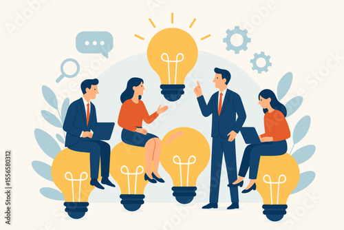 Business team brainstorming meeting, searching for new solutions. Teamwork and collaboration concept for innovation. Creative people sitting on light bulbs, generating great ideas.