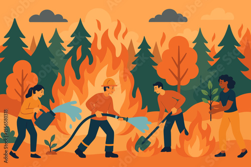 Forest fire disaster vector concept. Community of people and firefighters team saving nature from wildfire. Volunteers extinguish flames and plant new trees for reforestation.
