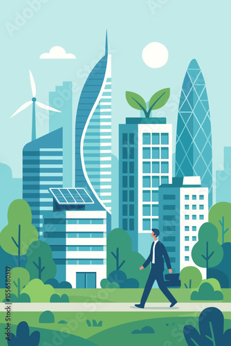 Businessman walking through a futuristic green city. Eco-friendly smart city concept with sustainable architecture, renewable energy, solar panels, and modern skyscrapers. Vector.