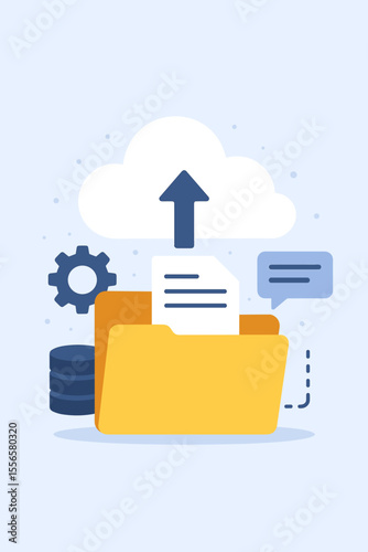Cloud storage technology concept. Data processing, file upload, and document management illustration. Vector graphic for web, database server, backup, and online communication.