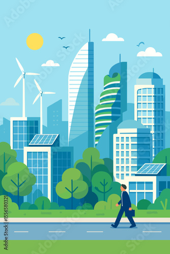 Eco-friendly Smart City Flat Vector Illustration. Modern Green Architecture, Sustainable High-Rise Buildings, Wind Turbines, Solar Panels, Urban Environment. Business Center Concept.