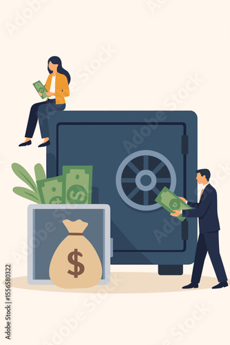 Secure banking and finance vector concept. Business people putting money in a bank vault. Illustration for investment, savings, wealth management, asset protection, and financial safety.
