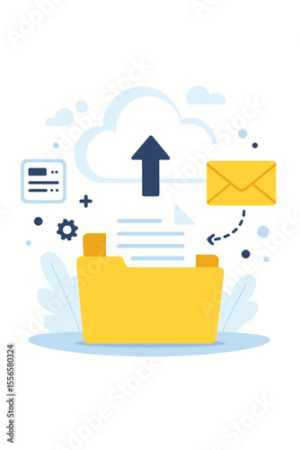 Cloud storage and data processing concept. Flat vector illustration of file sharing and uploading documents to an online server for backup. Information management and digital communication.