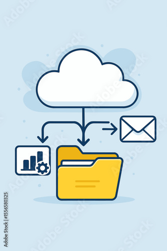 Cloud storage technology vector illustration. Concept of data processing, file management, and sending messages. Cloud computing service for business, data analytics, and document sharing.