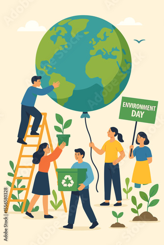 Save the planet vector concept for World Environment Day. People caring for the Earth, planting trees, and recycling. Volunteers work together for ecology, a green future, and sustainability.